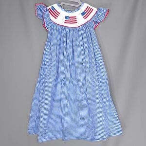 PLEATS & STITCHES Kids Girls Smocked Dress 5 USA Flags Check Blue 100% HANDMADE
